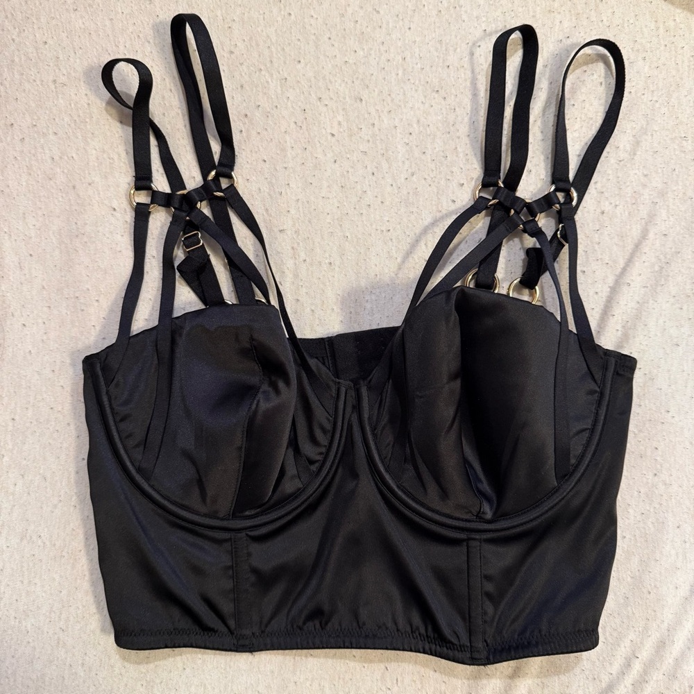 💛 RESERVED 💛 NWT Black Satin Strappy Bustier 36C